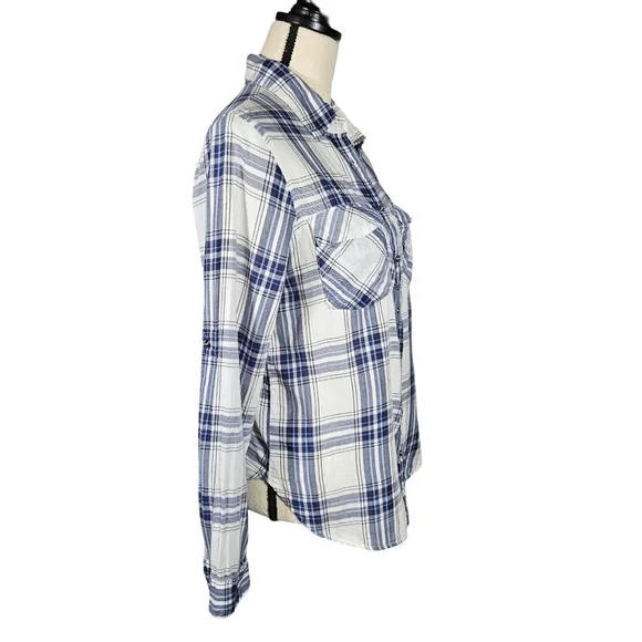 Girl Crazy Juniors Classic Long Sleeve Button Down, Blue/White Plaid, Medium - Picture 3 of 12